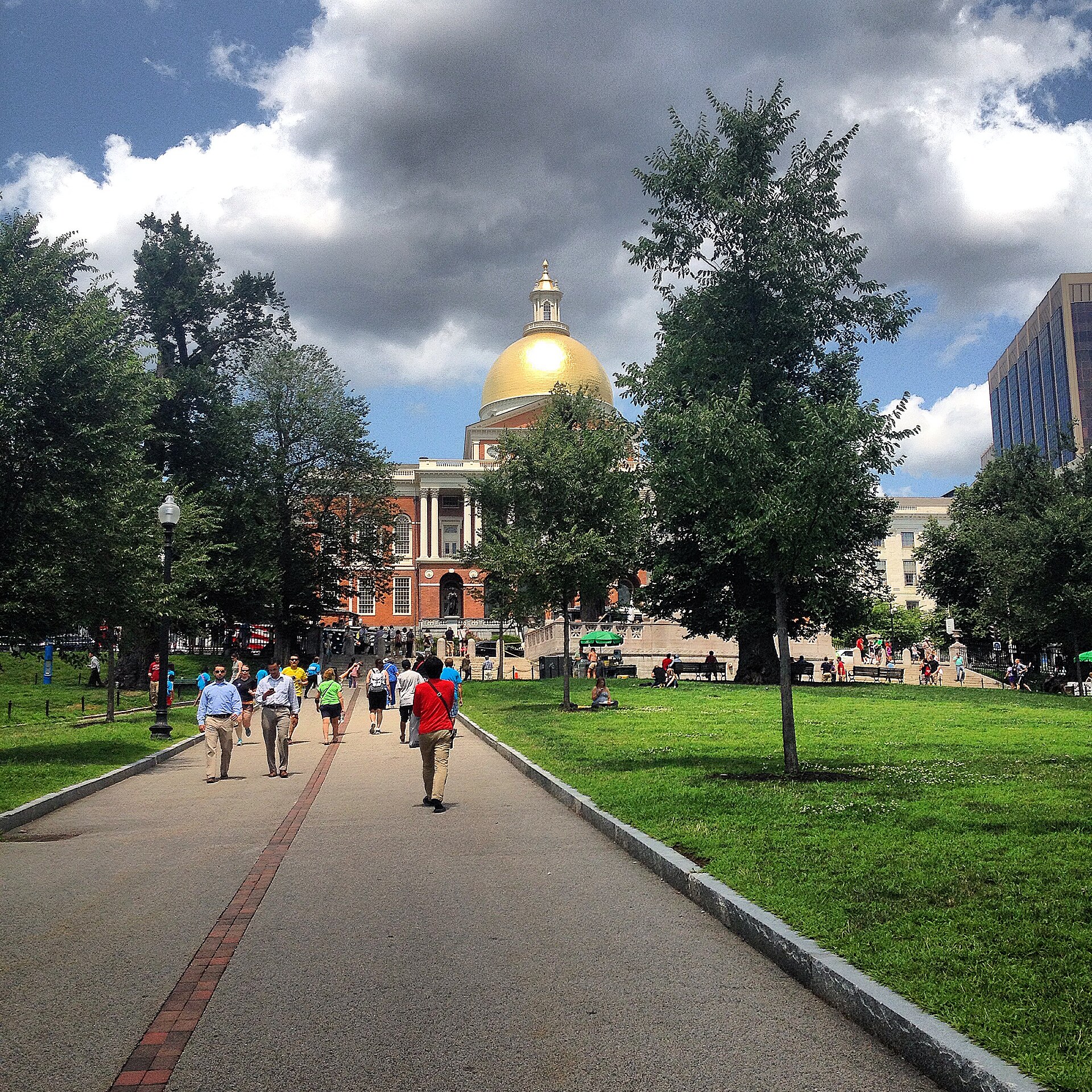 Path across Boston Common toward the gold dome of the State House
