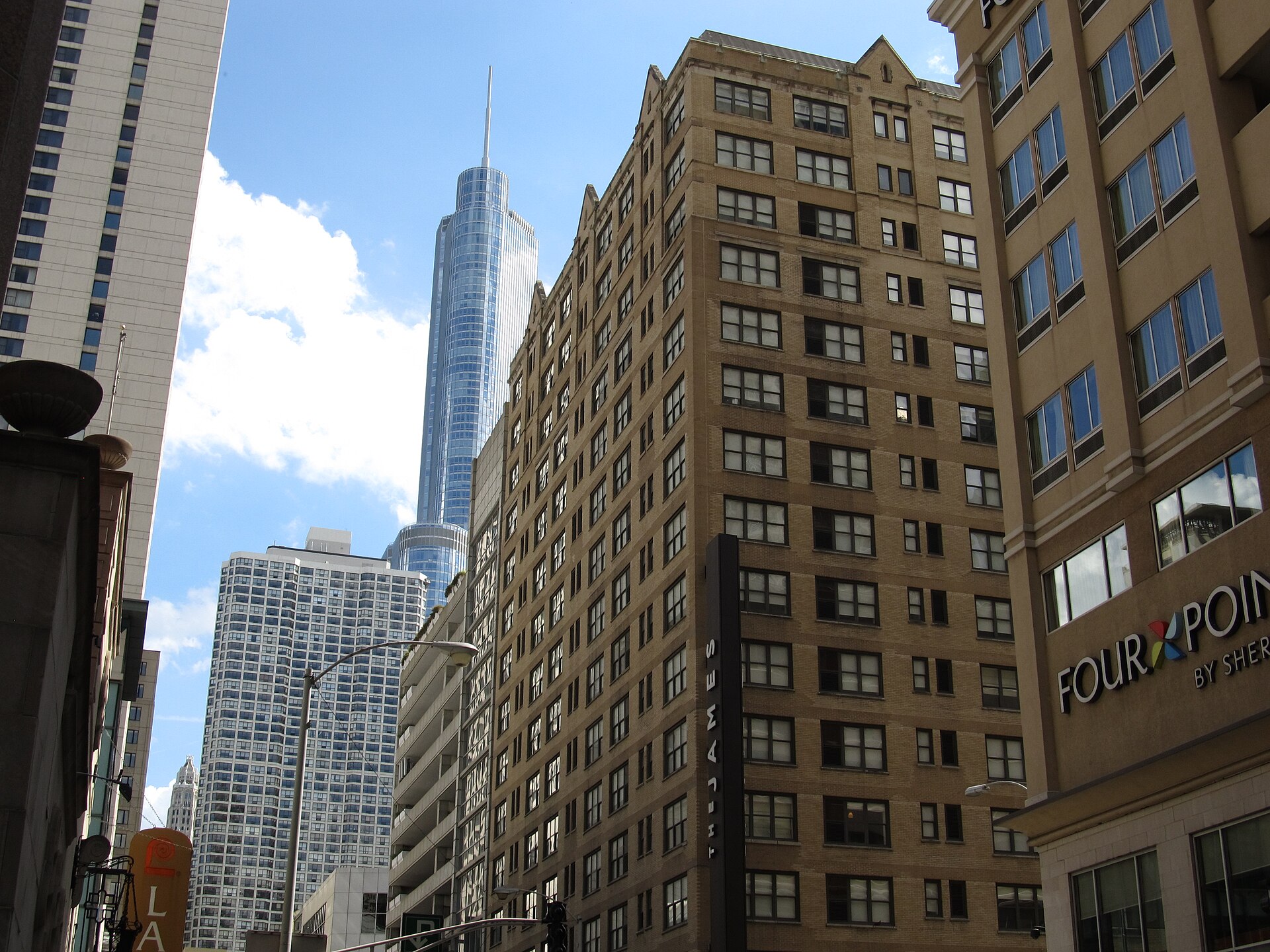 River North street with Trump Tower behind older loft buildings