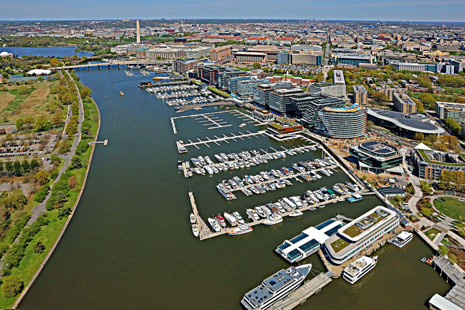 The Wharf along the Washington Channel from above, East Potomac Park on the left