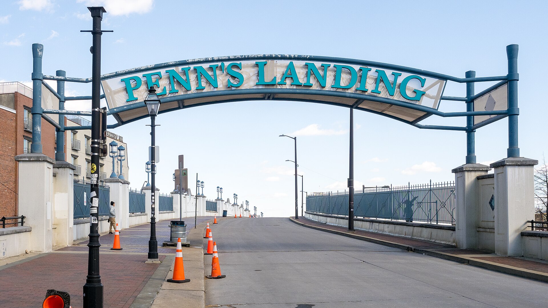 Penn's Landing gateway sign over the ramp to the river