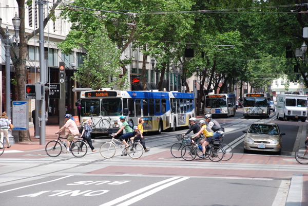 Buses and cyclists on the Portland Transit Mall